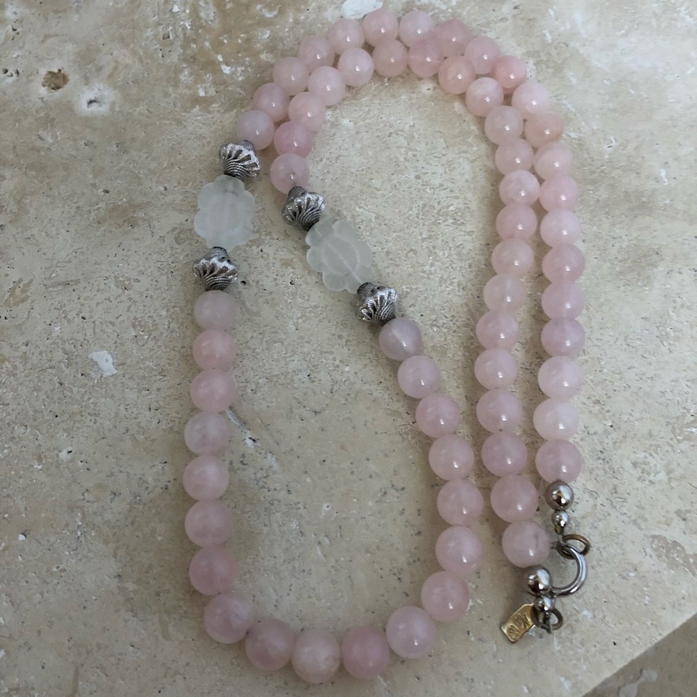 Rose Quartz Necklace With Carved Floral Motif